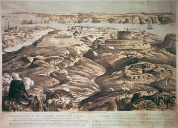 Panoramablick auf den Malakoff-Turm und die Außenwerke, die Redan-Batterie, den Mamelon und die Steinbrüche, veröffentlicht 1855 von Stannard und Dixon